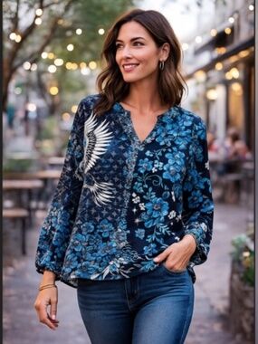 Johnny Was Phoenix Tate 100% Silk Blue Patchwork Boho Blouse Top L